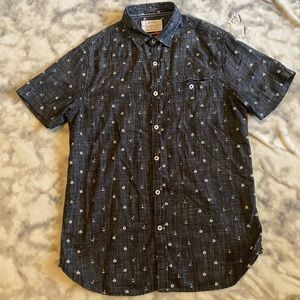 Denim & Flower Shirt Mens Medium Navy Gray Blue Nautical Anchor Print Slim Fit
